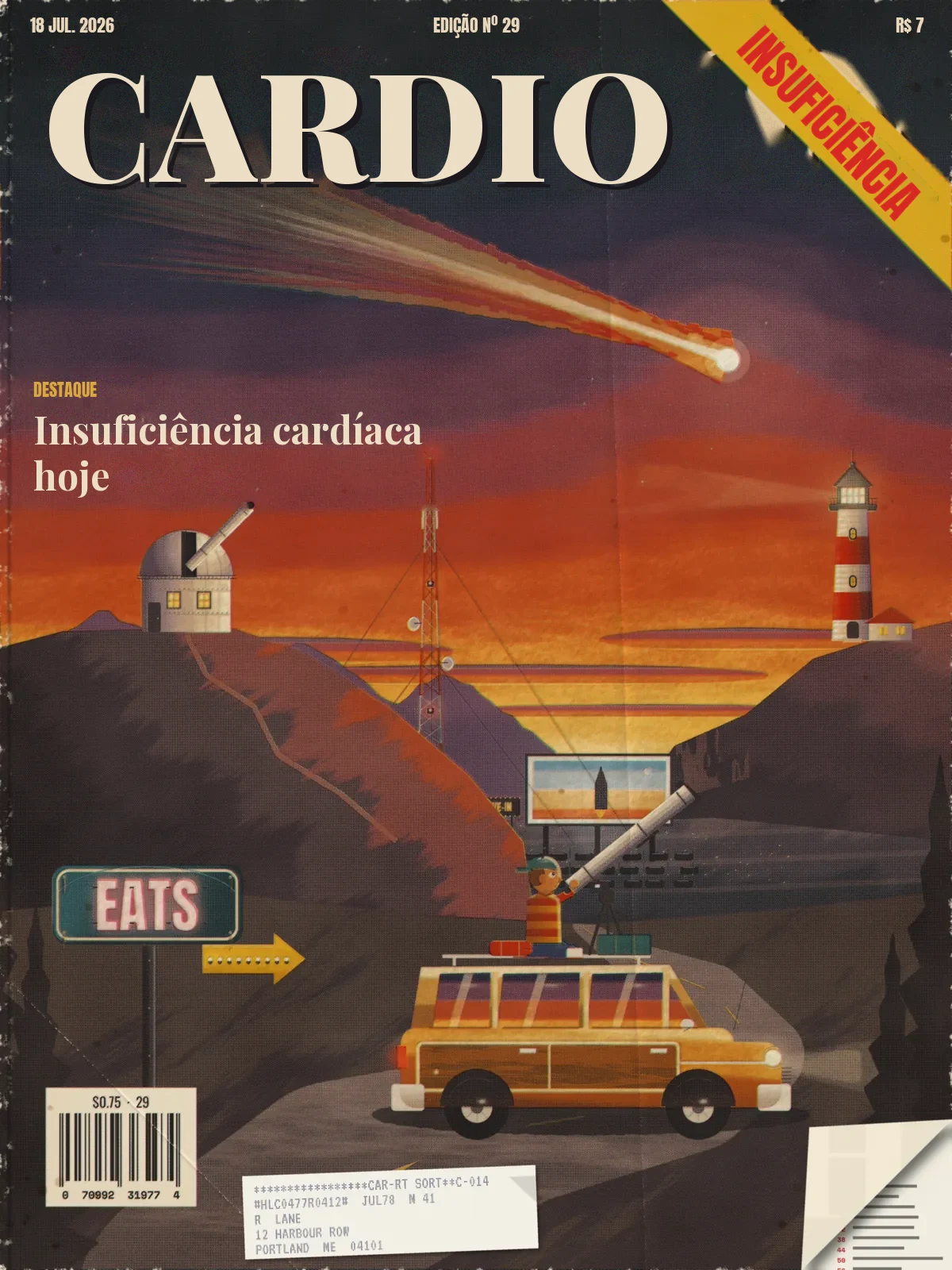 HALCYON, July 18, 1977: a painted dusk coast under a great comet, with an observatory, a radio mast, a lighthouse, a drive-in, a diner sign and a kid with a telescope on a station wagon