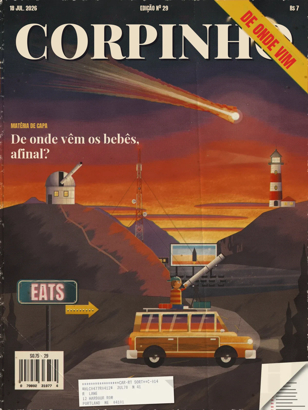 HALCYON, July 18, 1977: a painted dusk coast under a great comet, with an observatory, a radio mast, a lighthouse, a drive-in, a diner sign and a kid with a telescope on a station wagon