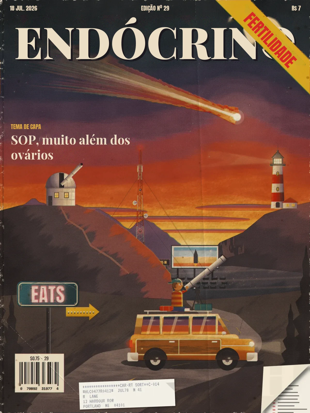 HALCYON, July 18, 1977: a painted dusk coast under a great comet, with an observatory, a radio mast, a lighthouse, a drive-in, a diner sign and a kid with a telescope on a station wagon