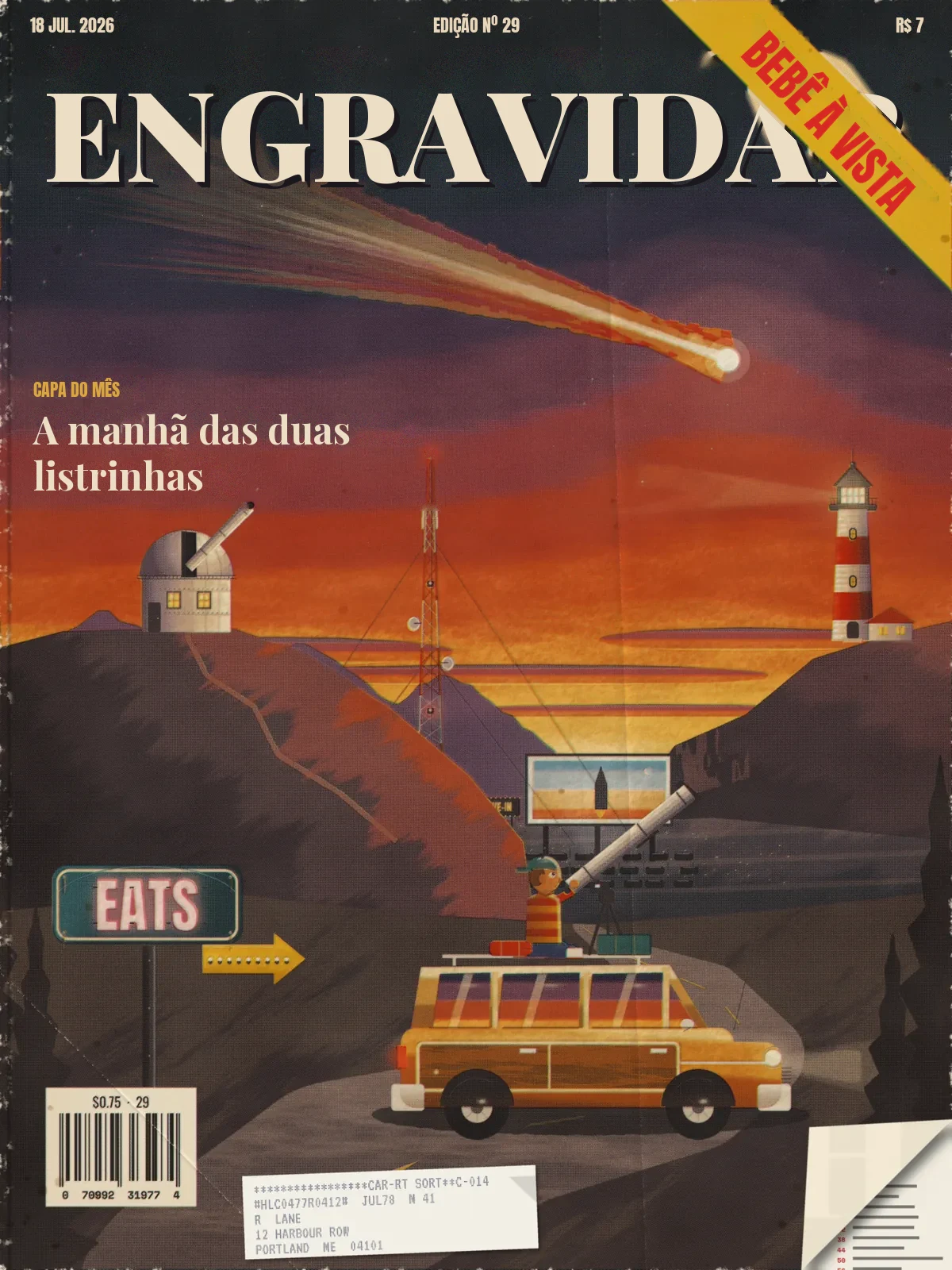 HALCYON, July 18, 1977: a painted dusk coast under a great comet, with an observatory, a radio mast, a lighthouse, a drive-in, a diner sign and a kid with a telescope on a station wagon