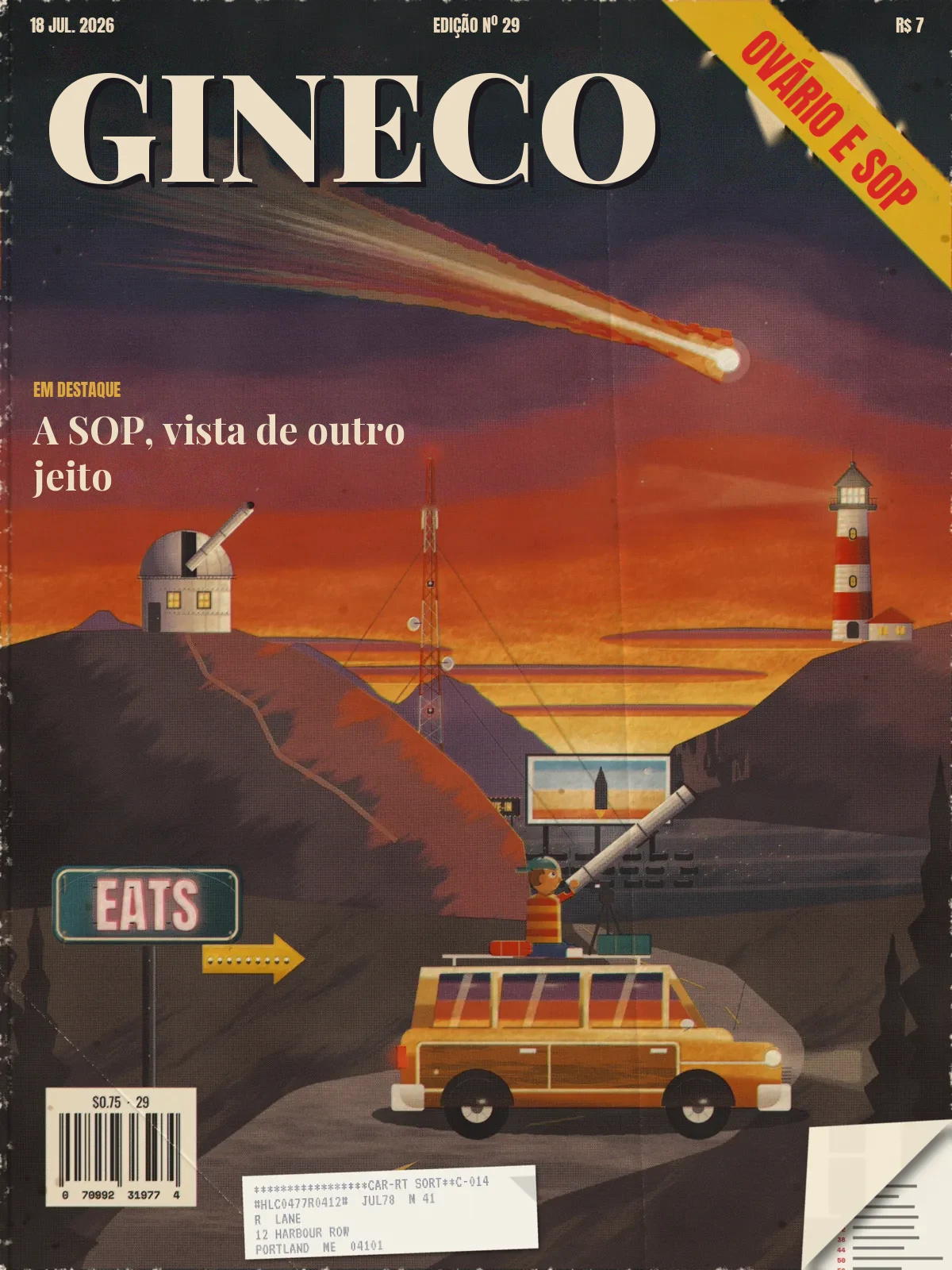 HALCYON, July 18, 1977: a painted dusk coast under a great comet, with an observatory, a radio mast, a lighthouse, a drive-in, a diner sign and a kid with a telescope on a station wagon
