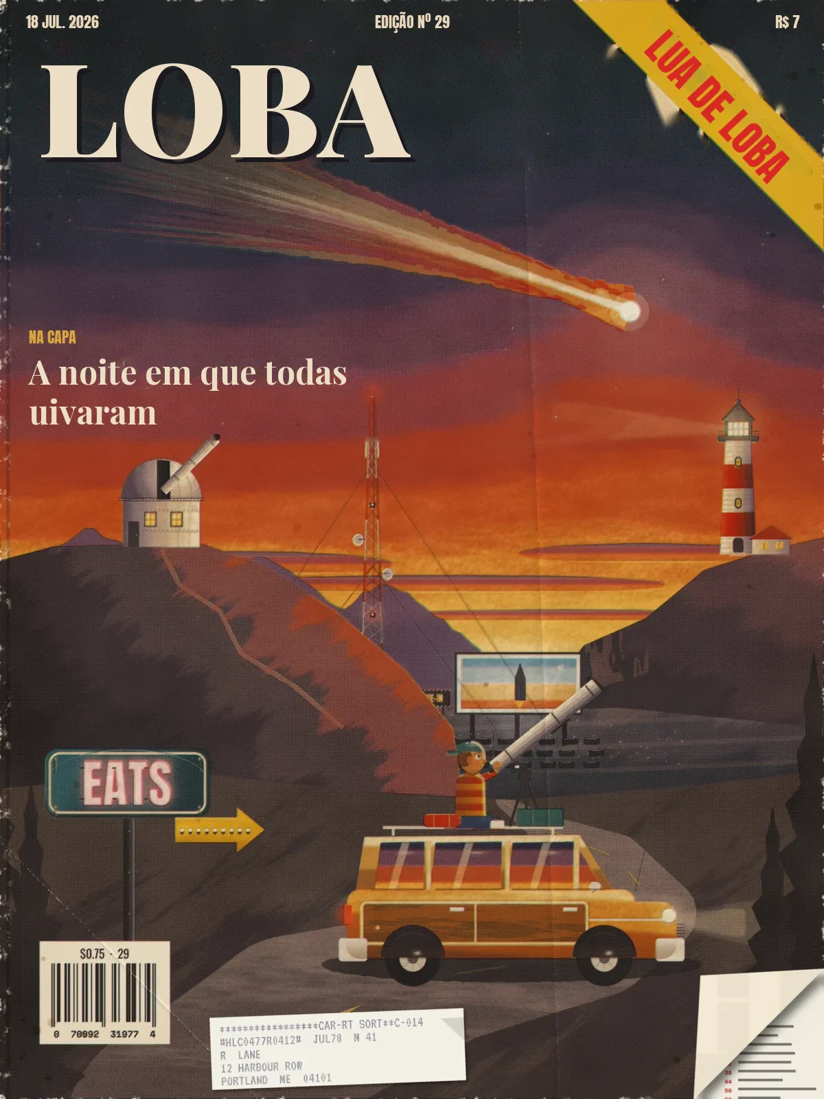 HALCYON, July 18, 1977: a painted dusk coast under a great comet, with an observatory, a radio mast, a lighthouse, a drive-in, a diner sign and a kid with a telescope on a station wagon