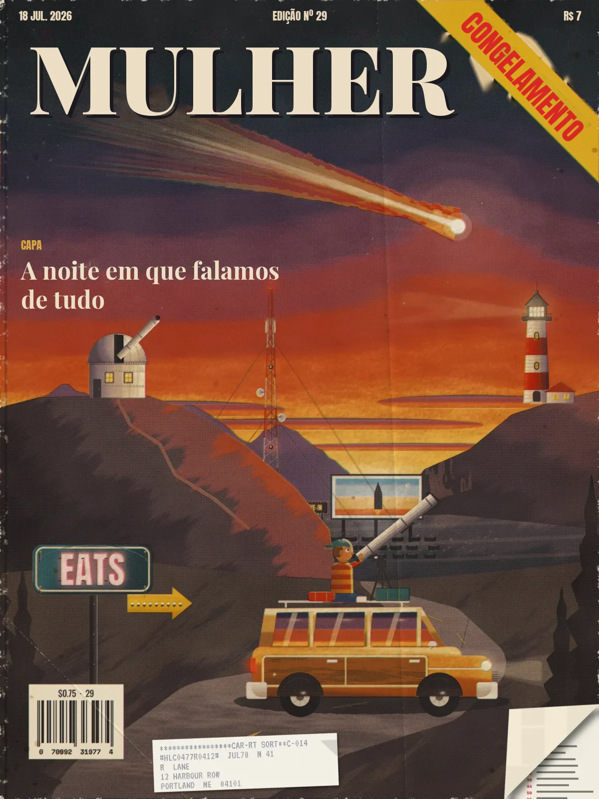 HALCYON, July 18, 1977: a painted dusk coast under a great comet, with an observatory, a radio mast, a lighthouse, a drive-in, a diner sign and a kid with a telescope on a station wagon