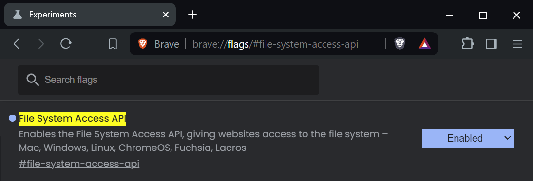Enable File System Access API flag in Brave browser