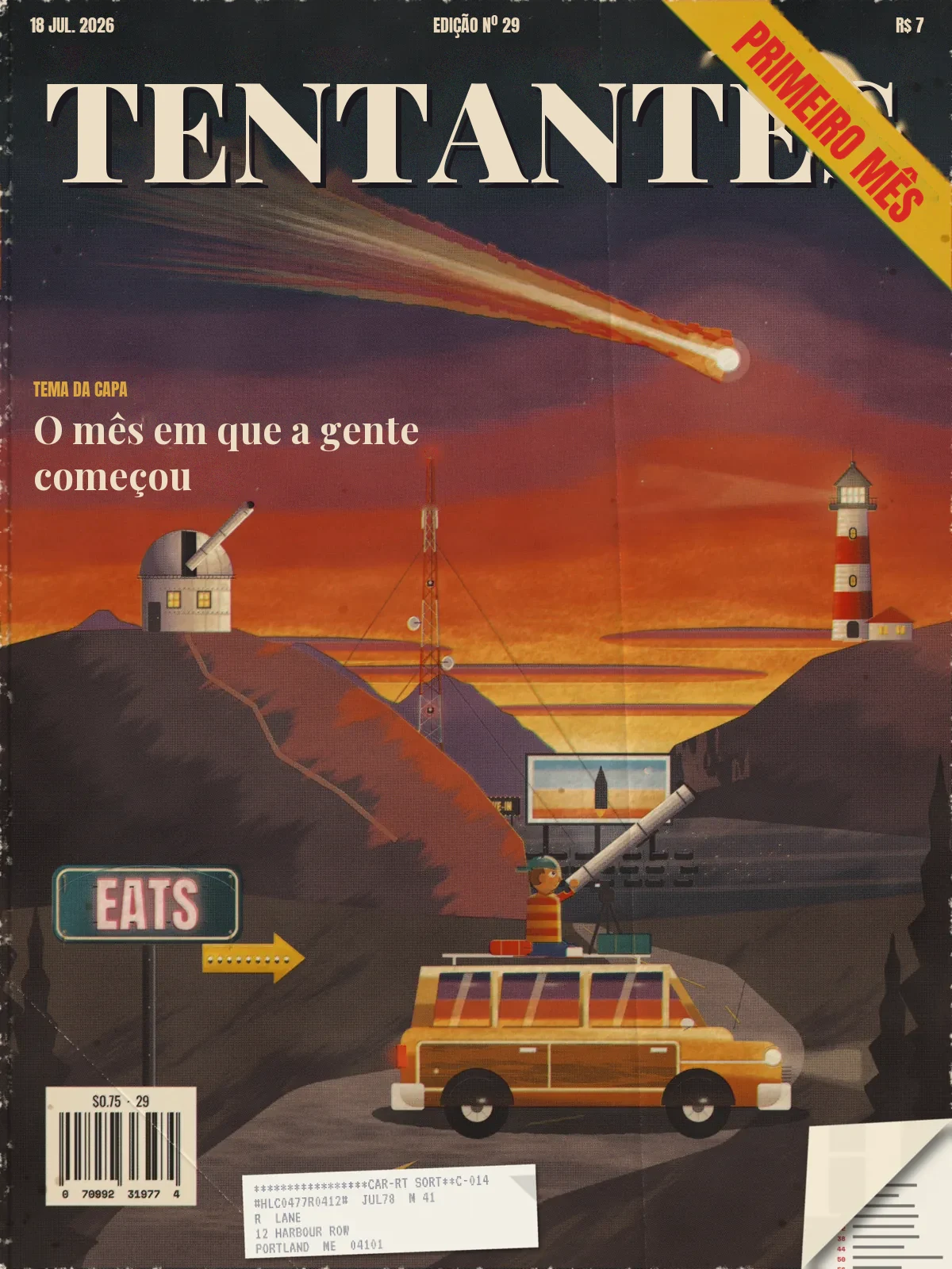 HALCYON, July 18, 1977: a painted dusk coast under a great comet, with an observatory, a radio mast, a lighthouse, a drive-in, a diner sign and a kid with a telescope on a station wagon